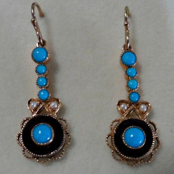 9ct yellow gold turquoise, onyx and seed pearl drop earrings 